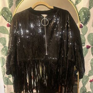 Elegant Black Sequin Fringe Bomber Jacket